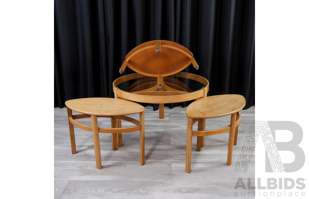 Trinity by Nathan Furniture Round Teak Framed Coffee Table with Glass Top and Three Nesting Stools