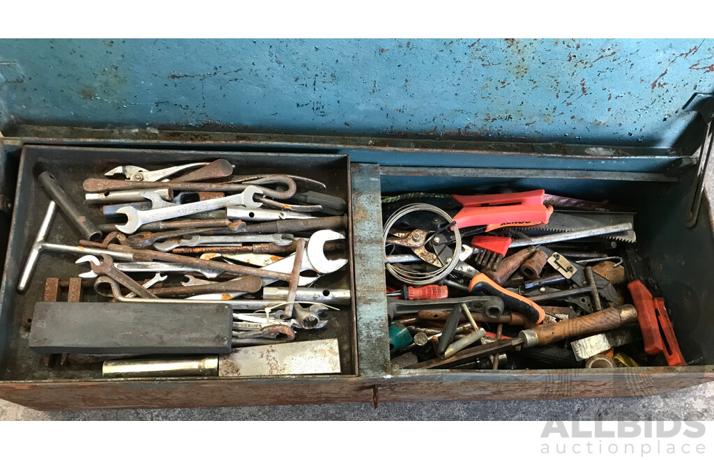 Vintage Large Steel Toolbox with Assorted Tools