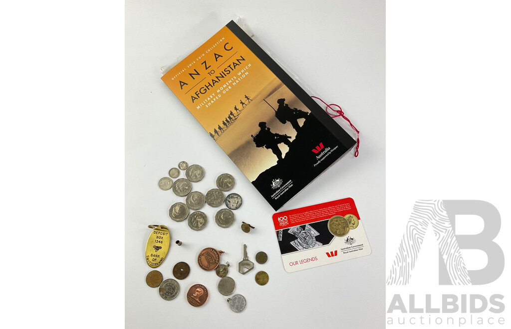 Collection of Australian Coins and Tokens Including Commemorative Fifty Cent Coins, Anzac to Afghanistan Folder, Counterfeit Two Shillings, Kendall Pennsylvania Oils Good Luck Token, Macrobertson Tin