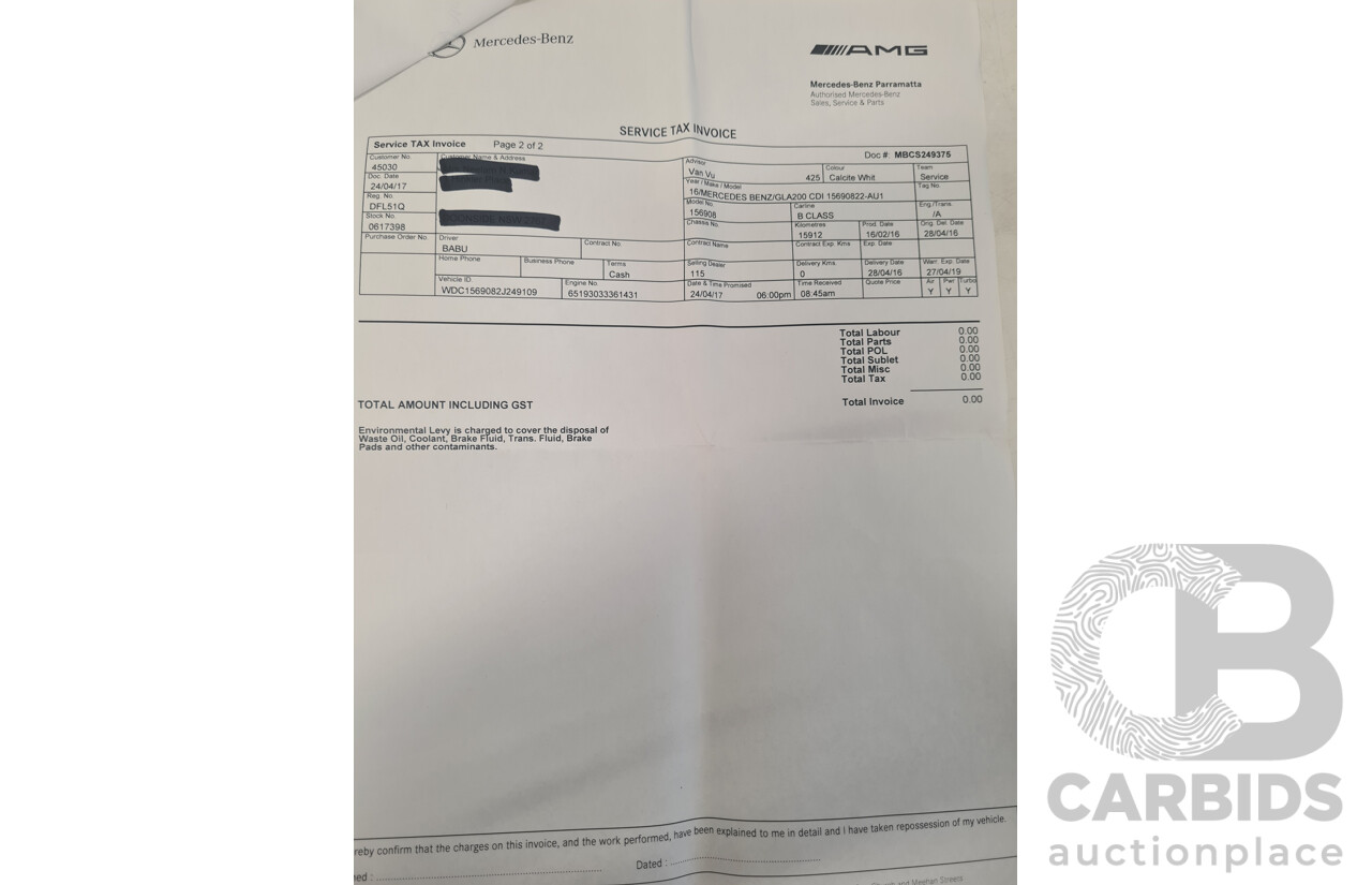 4/2016 Mercedes Benz GLA200d AMG Pack X156 4d Wagon White Turbo Diesel 2.1L