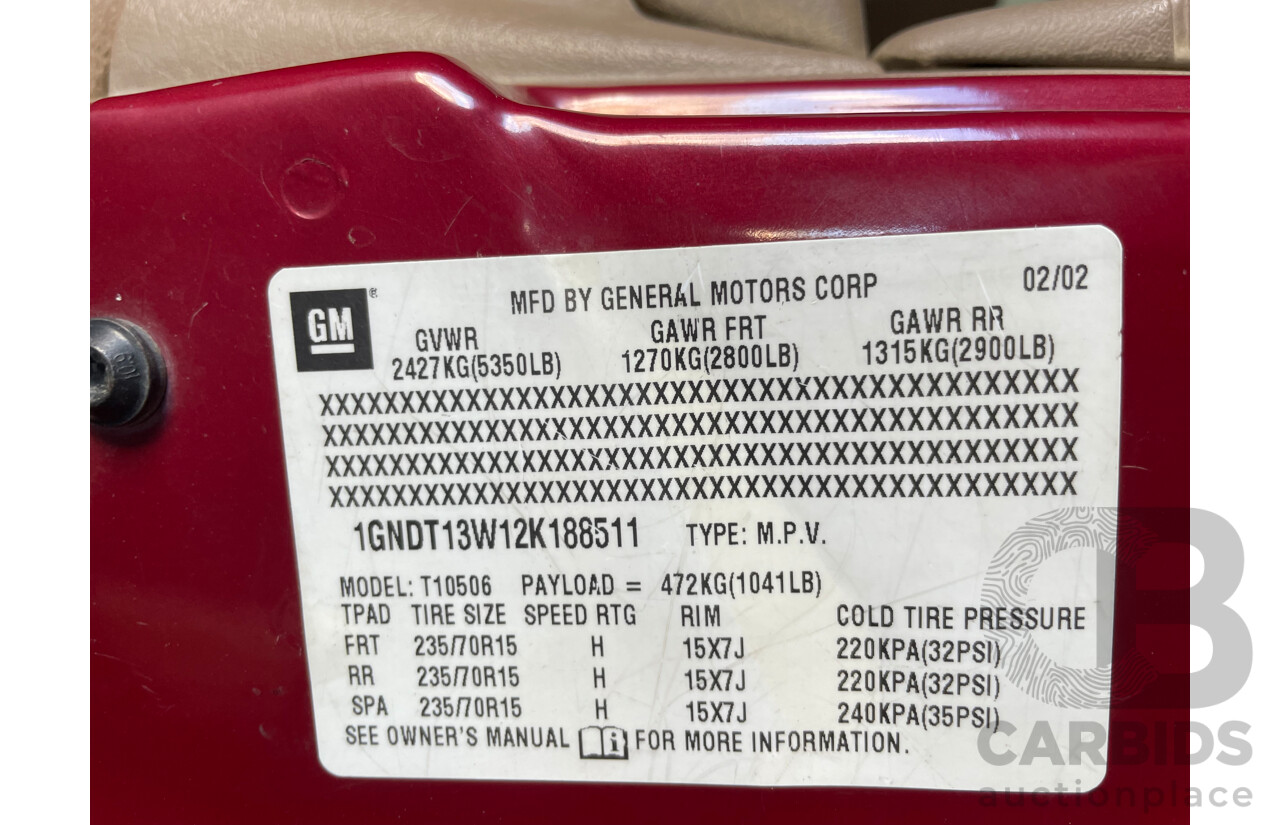 2/2002 Chevrolet Blazer LT Wagon Red 4.3L - Compliance dated 04/11