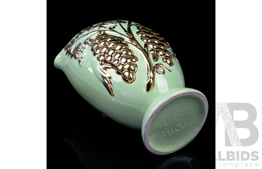 Vintage Gilt Ceramic Mantle Vase with Grape and Vine Motif, Marked V30 AACP
