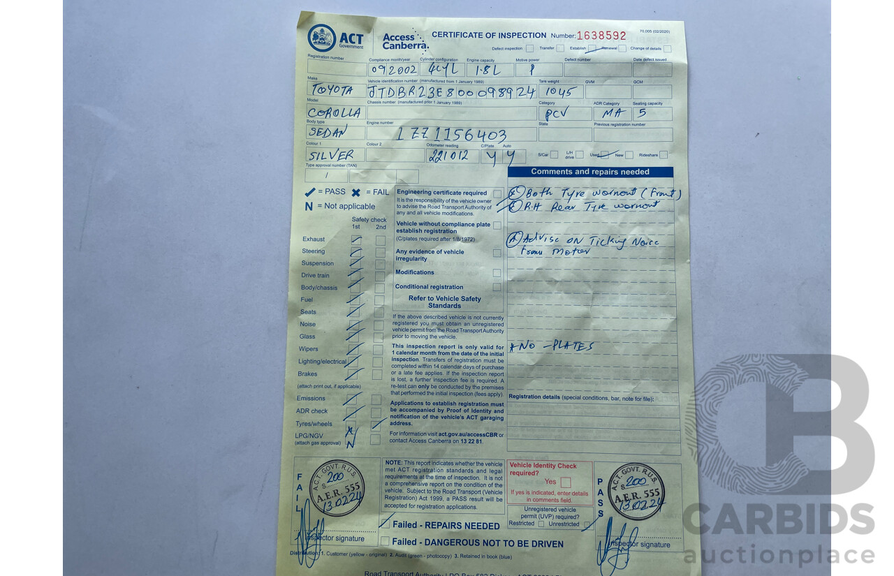 9/2002 Toyota Corolla Ascent ZZE122R 4d Sedan Silver 1.8L