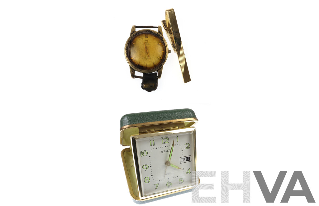 Very Old Vintage 9ct Omega Watch Face with Vintage Seiko Travel Clock and Tie Pin