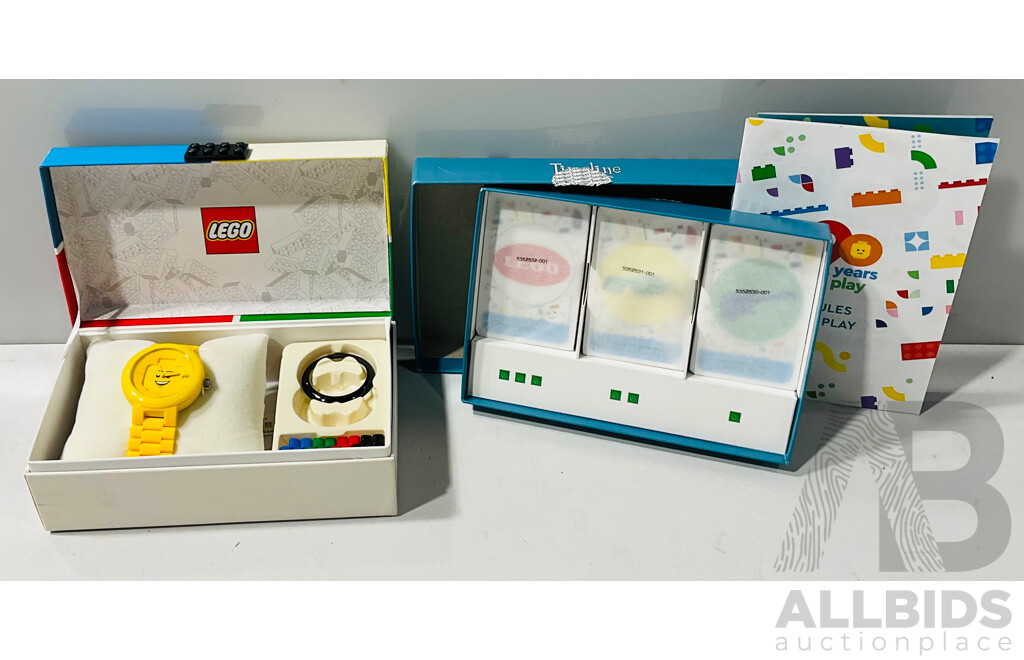 Lego Watch in Original Box Alongside 90 Years of Play Lego Card Game