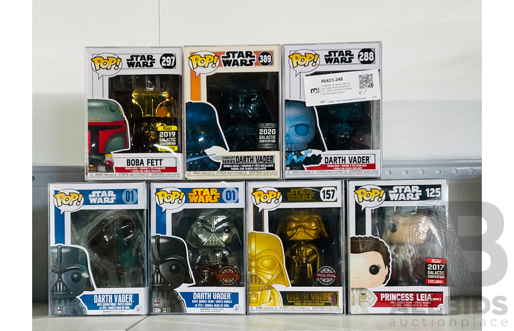 Collection of Seven Star Wars Funko Pops Including 2017, 2019, and 2020 Convention Exclusive Figures