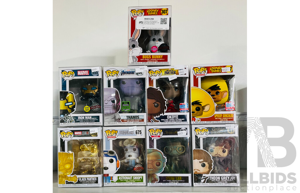 Collection of 9 Assorted Funko Pops From Marvel, Looney Tunes and More
