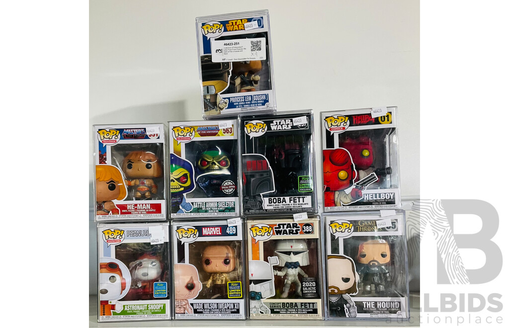 Collection of 9 Assorted Funko Pops From Peanuts, Masters of the Universe and More