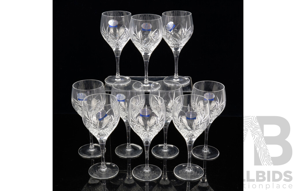 Set Ten Royal Doulton Fine Cut Crystal Wine Glasses with Original Labels