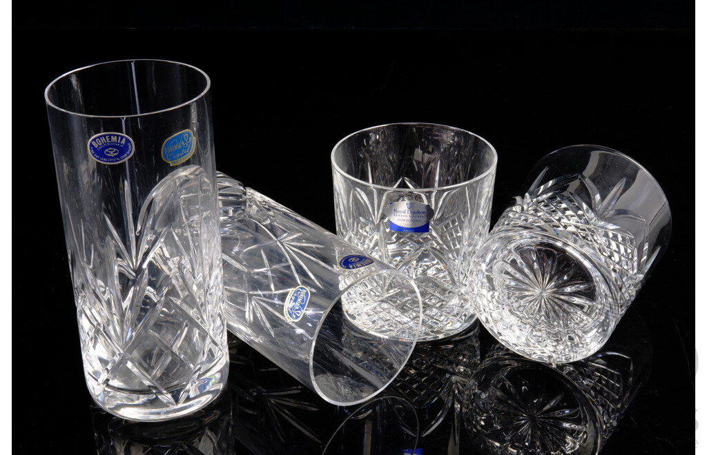 Set Eight Royal Doulton Fine Cut Crystal Whisky Tumblers Along with Set Six High Ball Glasses, All with Original Labels