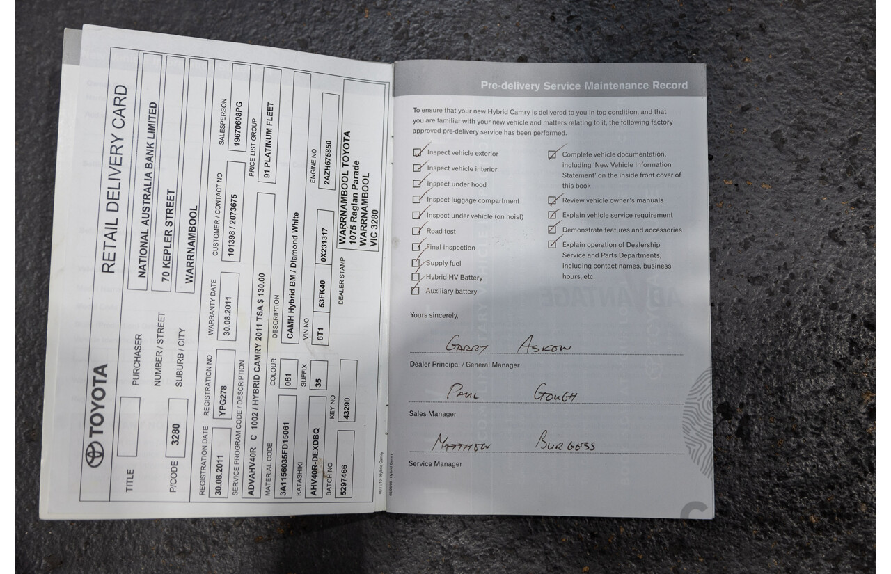 07/2011 Toyota Camry Hybrid AHV40R 4d Sedan White 2.4L