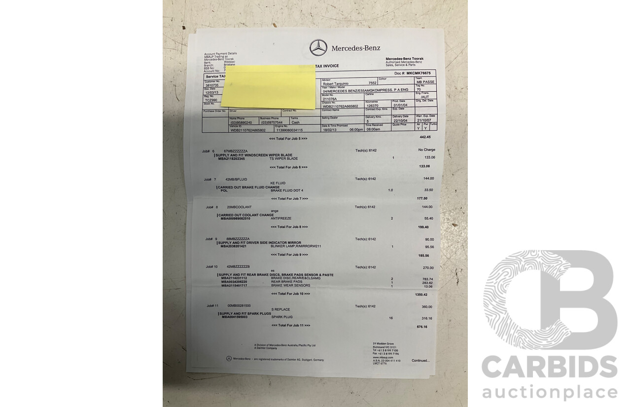 10/2004 Mercedes Benz E55 AMG W211 4d Sedan Brilliant Silver Metallic Supercharged V8 5.4L