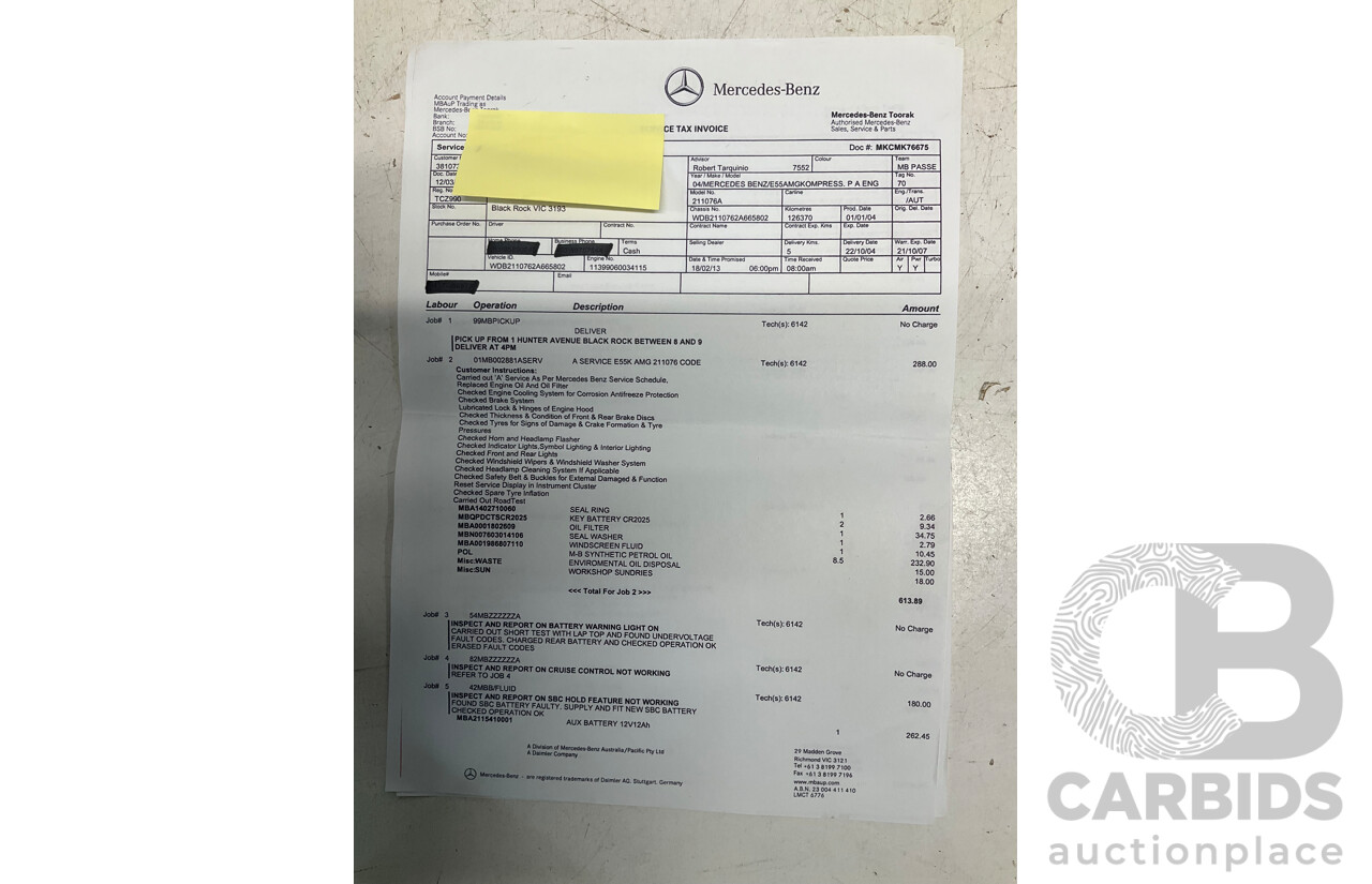 10/2004 Mercedes Benz E55 AMG W211 4d Sedan Brilliant Silver Metallic Supercharged V8 5.4L