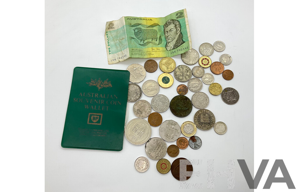 Collection of Australian and International Currency Including Predecimal, Two Dollar Note JXN Knight/Stone