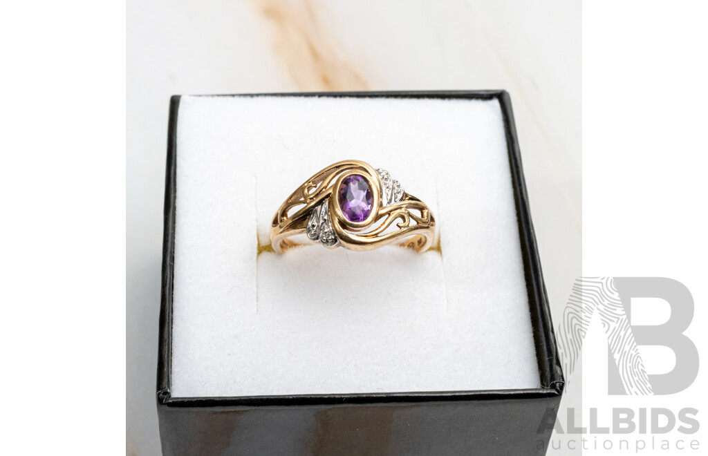 9ct Amethyst & Diamond Ornate Style Dress Ring, TDW 0.01ct, Size N, 2.42 Grams