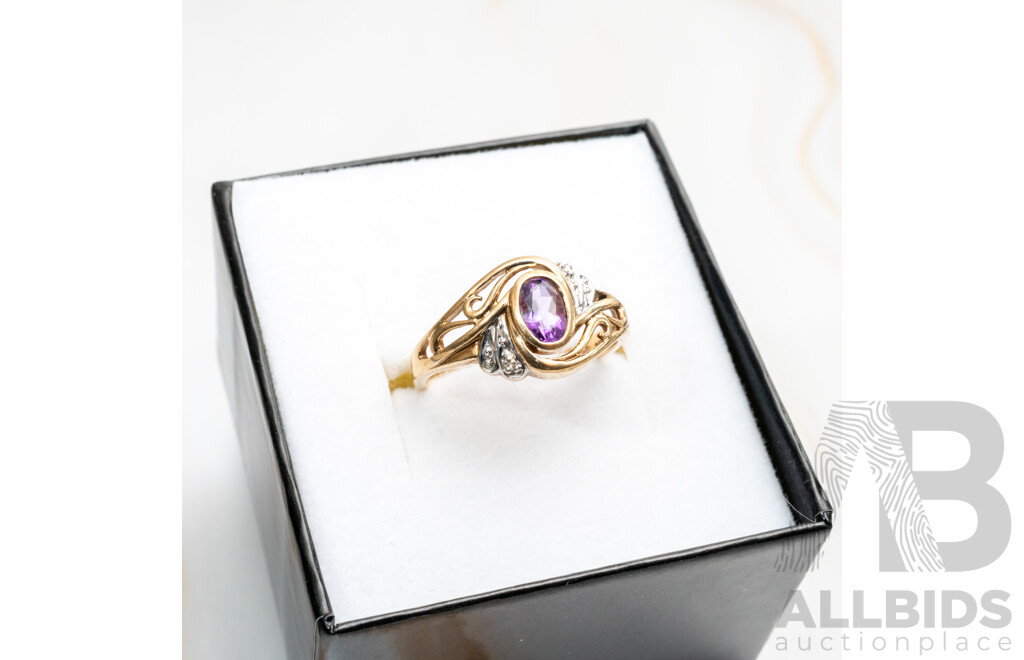 9ct Amethyst & Diamond Ornate Style Dress Ring, TDW 0.01ct, Size N, 2.42 Grams