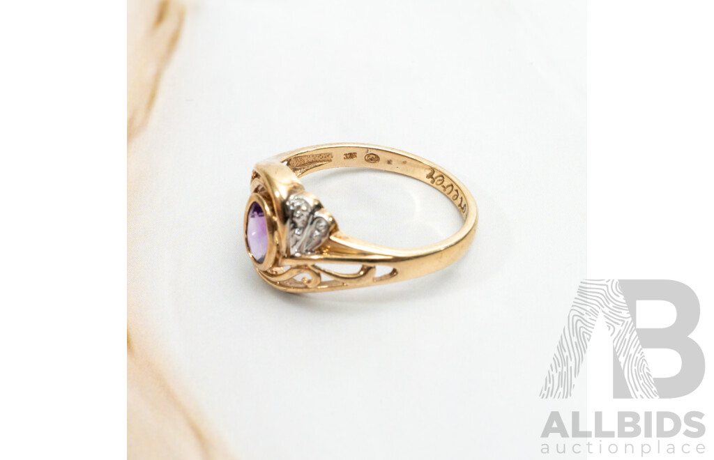 9ct Amethyst & Diamond Ornate Style Dress Ring, TDW 0.01ct, Size N, 2.42 Grams