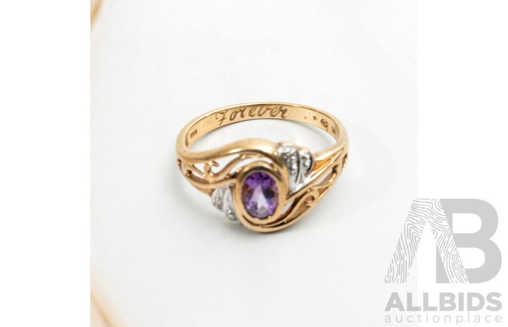 9ct Amethyst & Diamond Ornate Style Dress Ring, TDW 0.01ct, Size N, 2.42 Grams