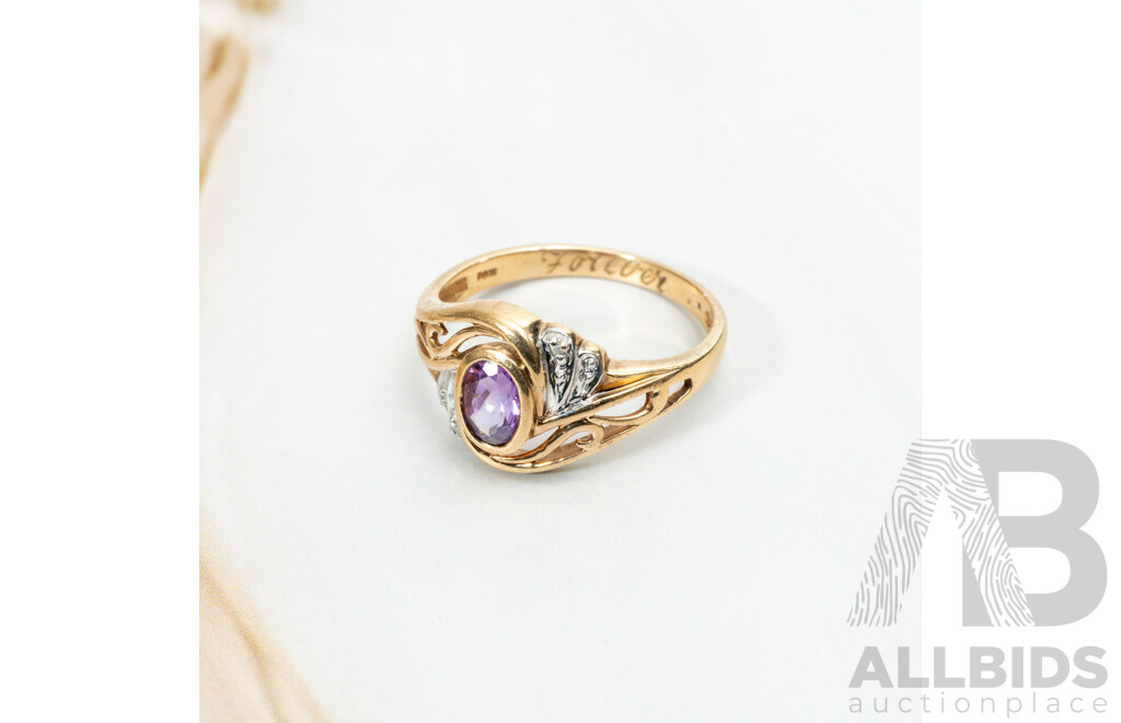 9ct Amethyst & Diamond Ornate Style Dress Ring, TDW 0.01ct, Size N, 2.42 Grams
