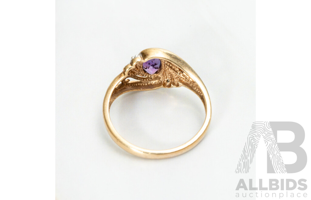 9ct Amethyst & Diamond Ornate Style Dress Ring, TDW 0.01ct, Size N, 2.42 Grams