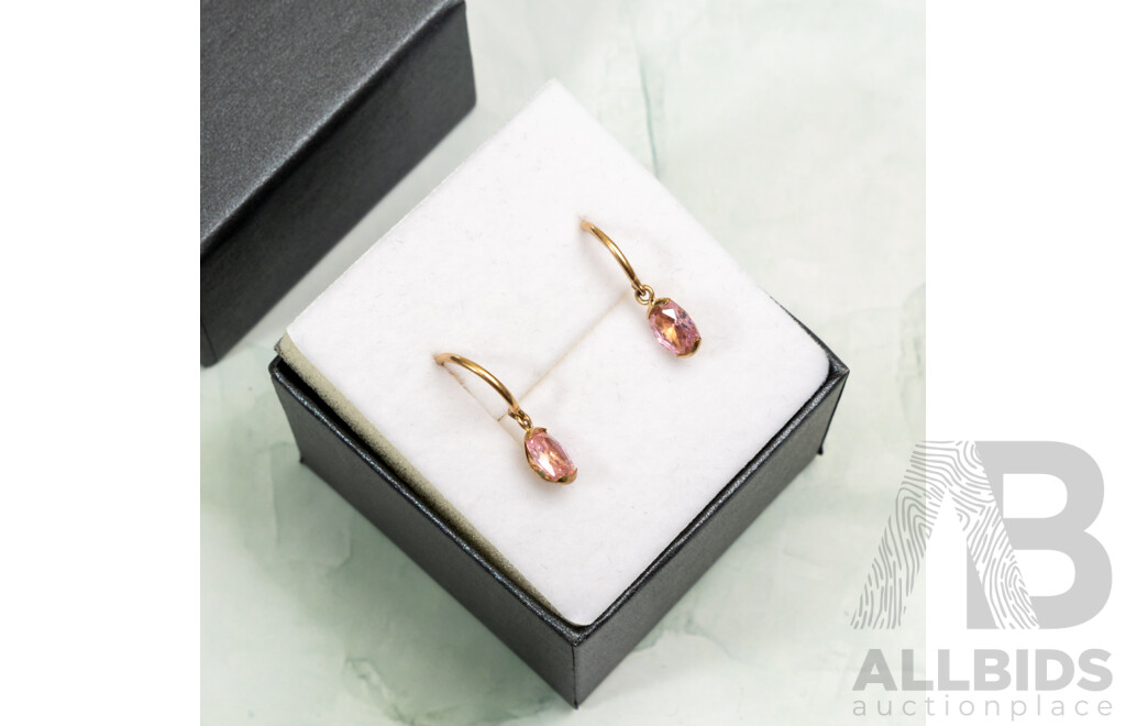 9ct Half Hoop Studs with Pink Oval Cz Drops, 20mm, 1.11 Grams