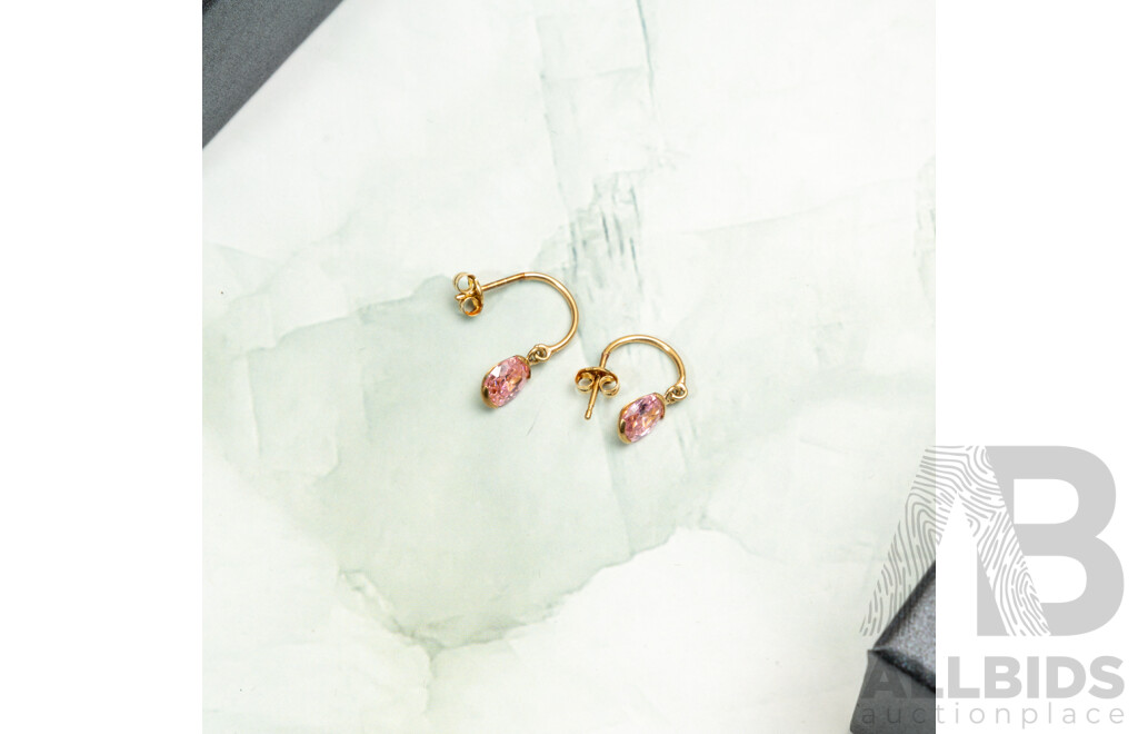9ct Half Hoop Studs with Pink Oval Cz Drops, 20mm, 1.11 Grams