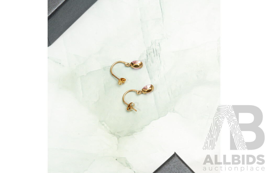 9ct Half Hoop Studs with Pink Oval Cz Drops, 20mm, 1.11 Grams