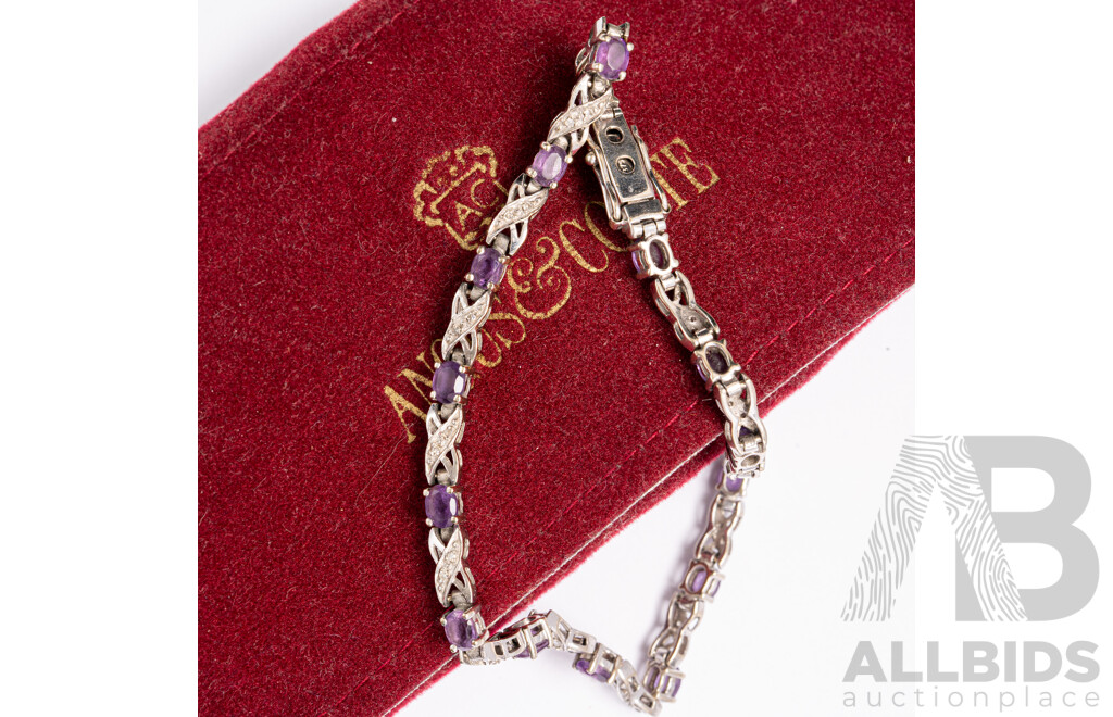 9ct White Gold Amethyst & Diamond Tennis Bracelet, TDW 0.30CT, 19cm, 7.01 Grams