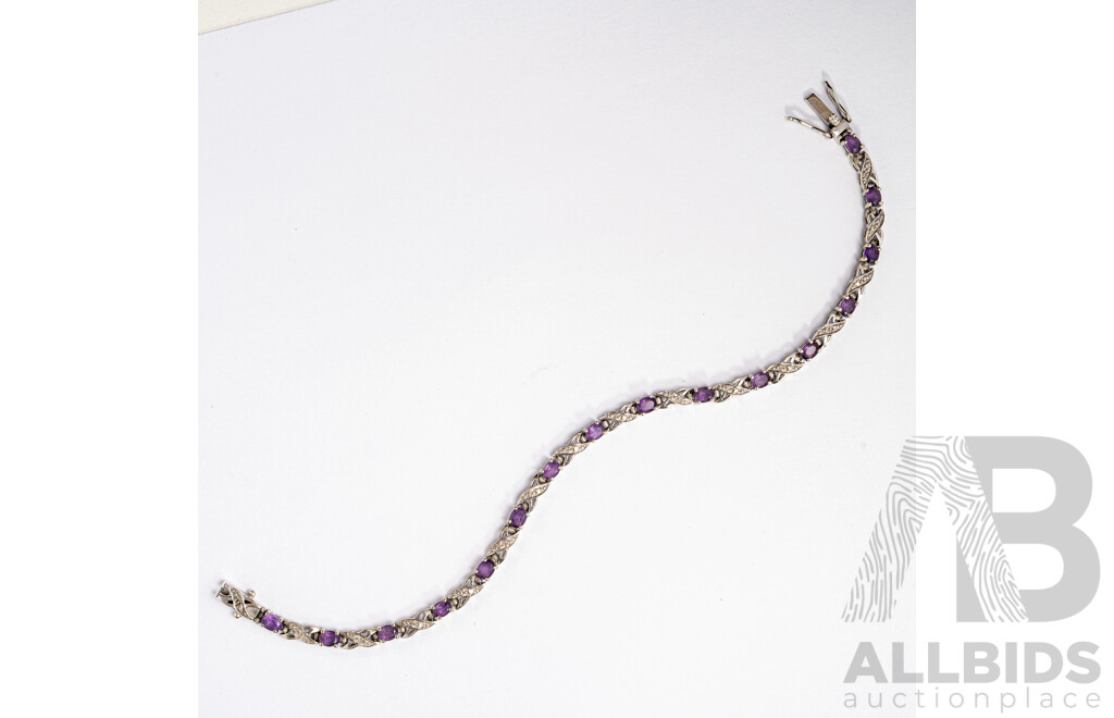 9ct White Gold Amethyst & Diamond Tennis Bracelet, TDW 0.30CT, 19cm, 7.01 Grams