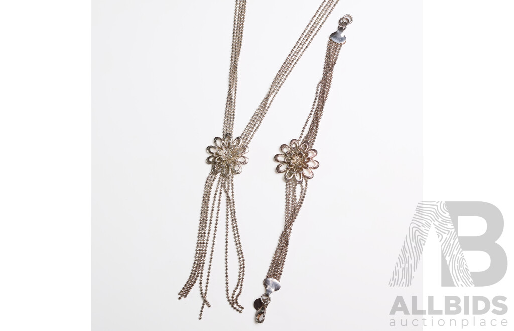 Stirling Silver Plated Flower Chain and Bracelet Set - Lot of 2
