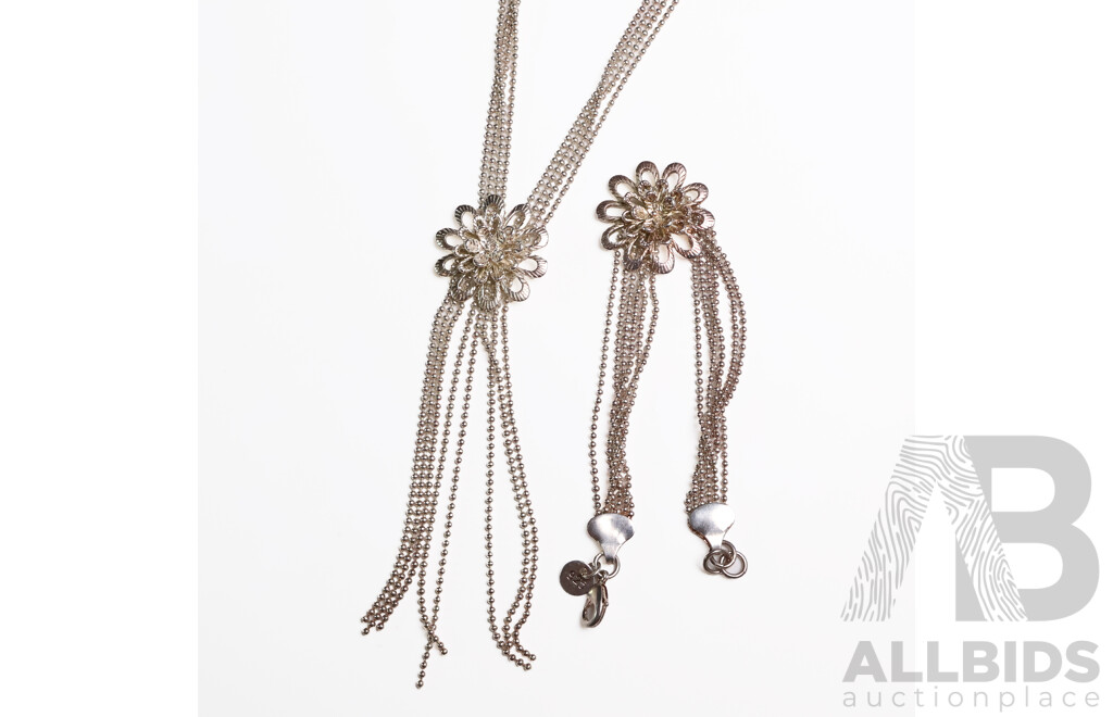 Stirling Silver Plated Flower Chain and Bracelet Set - Lot of 2