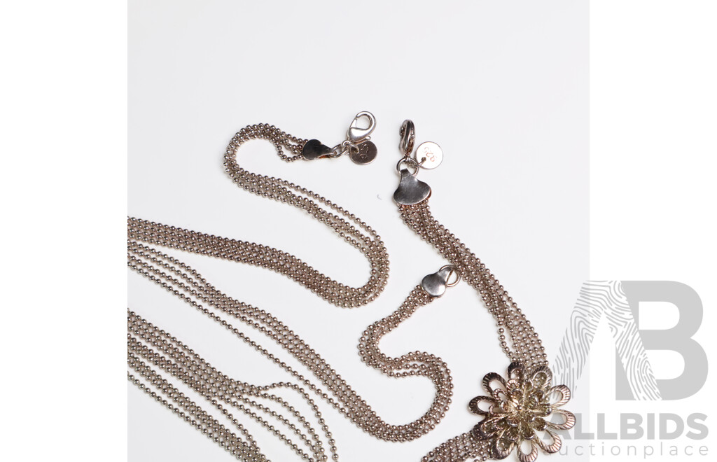 Stirling Silver Plated Flower Chain and Bracelet Set - Lot of 2