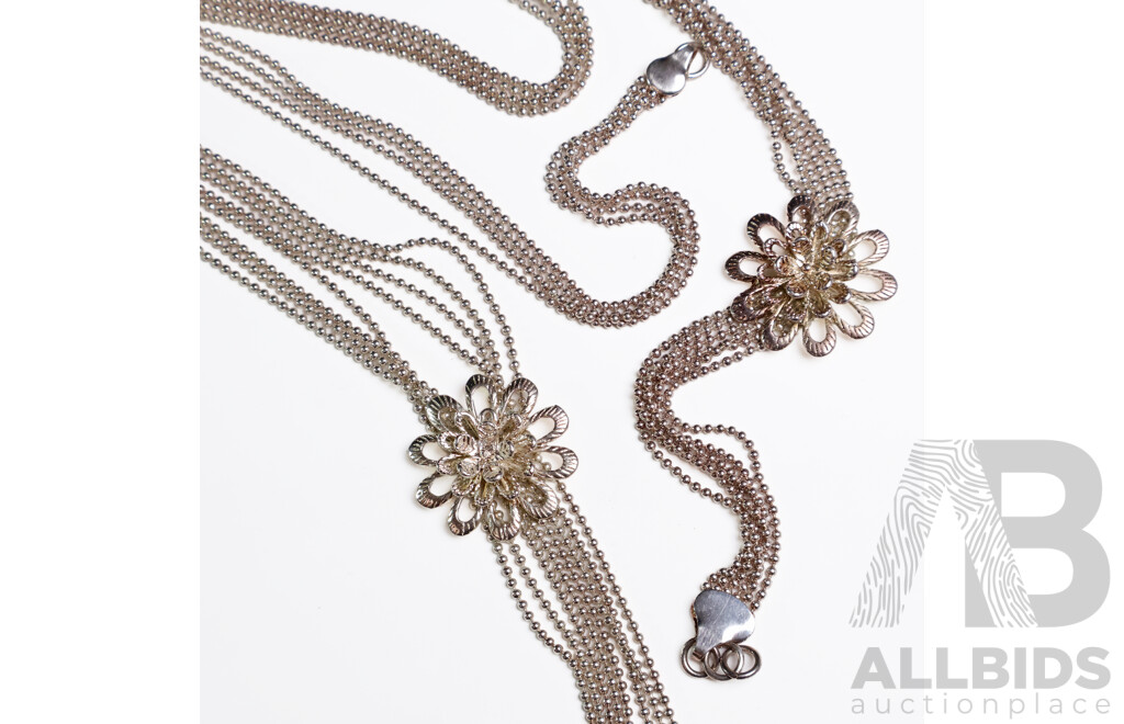 Stirling Silver Plated Flower Chain and Bracelet Set - Lot of 2
