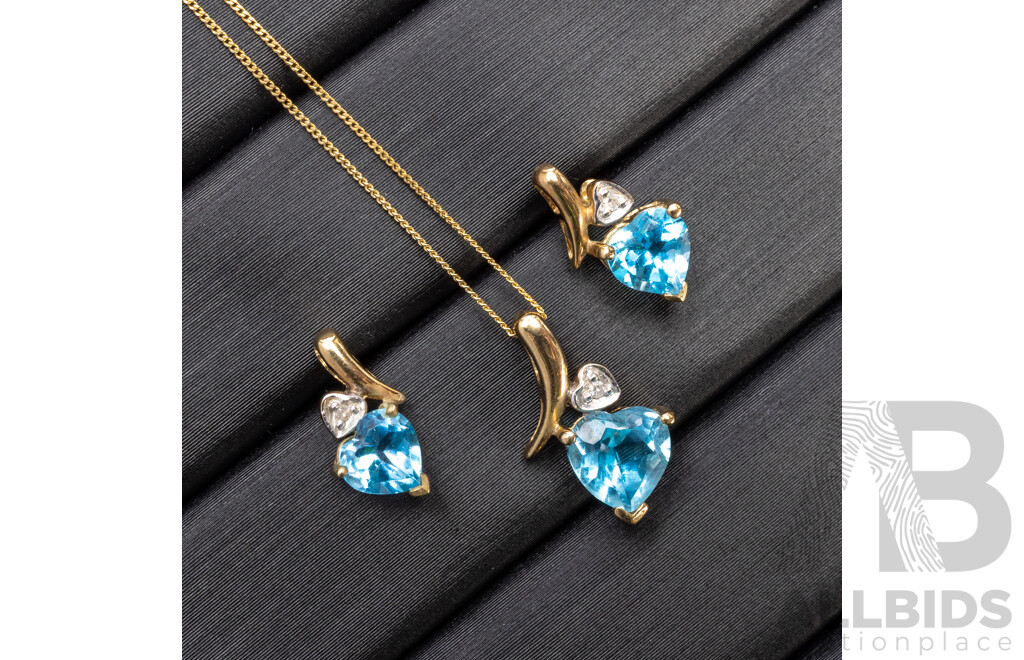 9ct Yellow Gold Blue Topaz Necklace and Earring Set