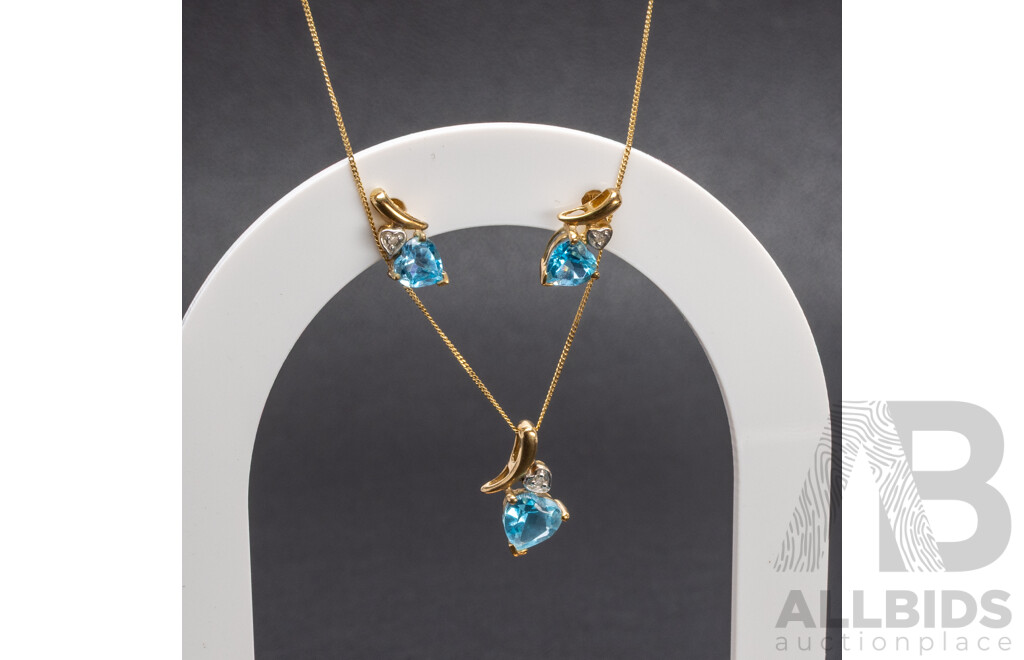 9ct Yellow Gold Blue Topaz Necklace and Earring Set