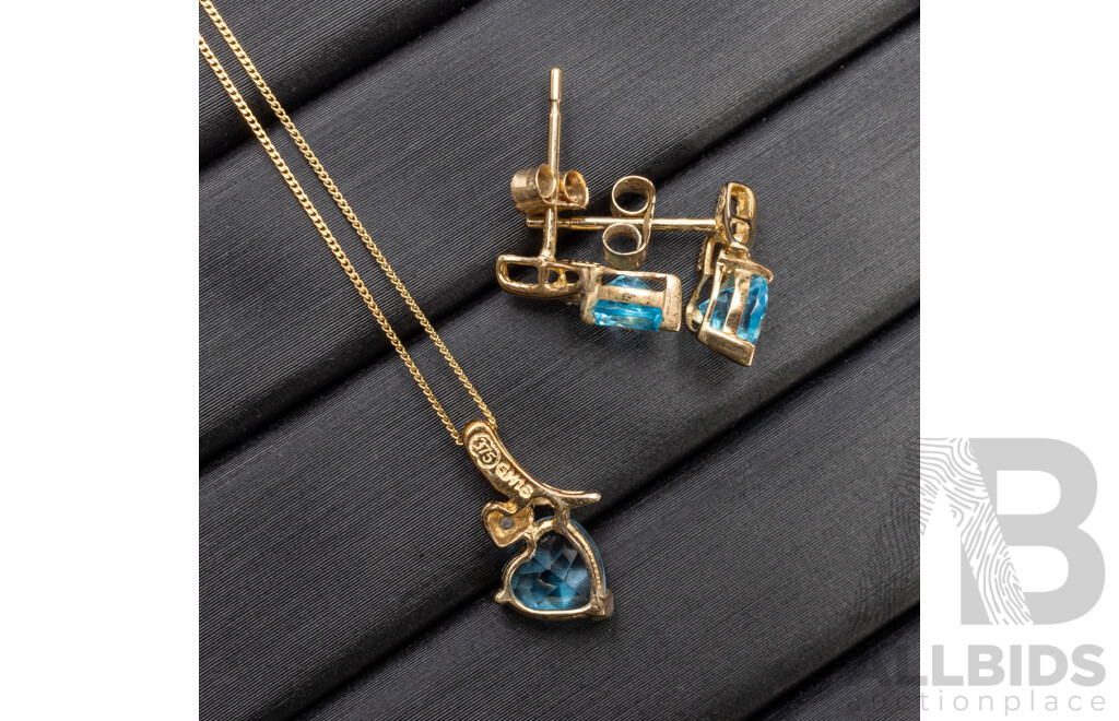 9ct Yellow Gold Blue Topaz Necklace and Earring Set