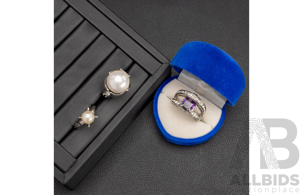 2x White Gold Plated Base Metal Rings, 1x Silver Plated Base Metal Ring - Lot of 3