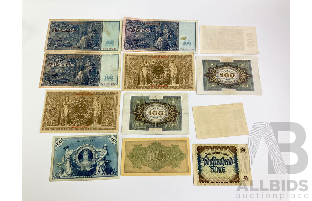 VIntage German Reichs Bank Notes Including Years 1908, 1909, 1910, 1920, 1922, 1923