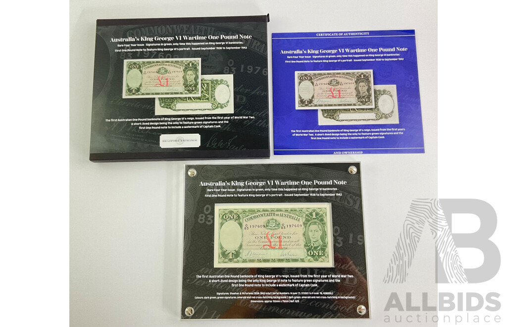 Rare Australian 1938-1942 KGV UNC One Pound Note 083 197609 with Certificate of Authentication From the Bradford Exchange
