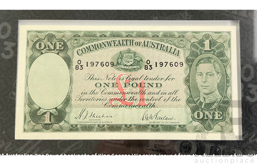 Rare Australian 1938-1942 KGV UNC One Pound Note 083 197609 with Certificate of Authentication From the Bradford Exchange