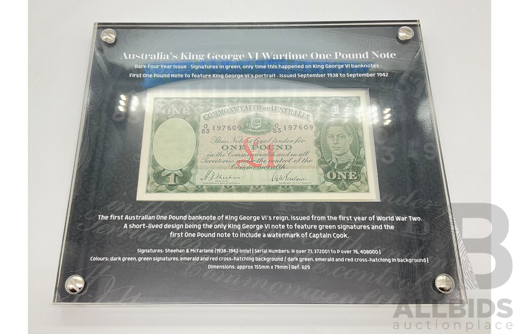 Rare Australian 1938-1942 KGV UNC One Pound Note 083 197609 with Certificate of Authentication From the Bradford Exchange