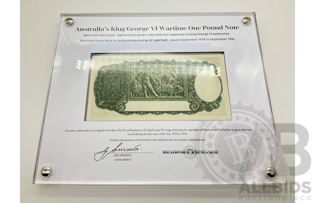 Rare Australian 1938-1942 KGV UNC One Pound Note 083 197609 with Certificate of Authentication From the Bradford Exchange