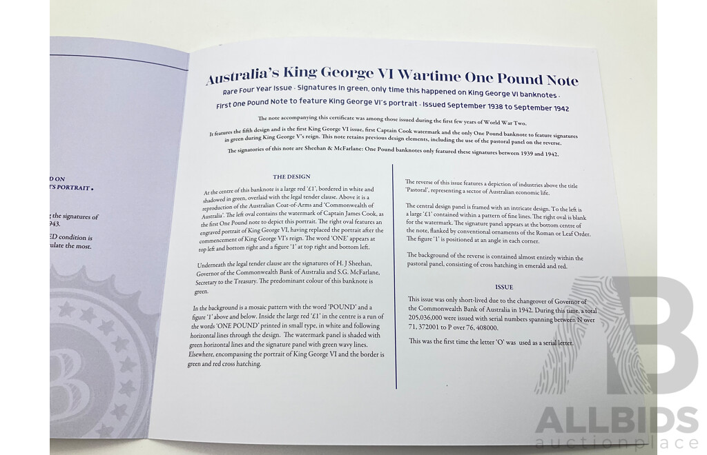 Rare Australian 1938-1942 KGV UNC One Pound Note 083 197609 with Certificate of Authentication From the Bradford Exchange