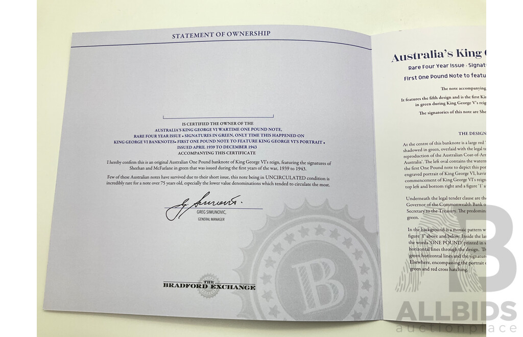 Rare Australian 1938-1942 KGV UNC One Pound Note 083 197609 with Certificate of Authentication From the Bradford Exchange