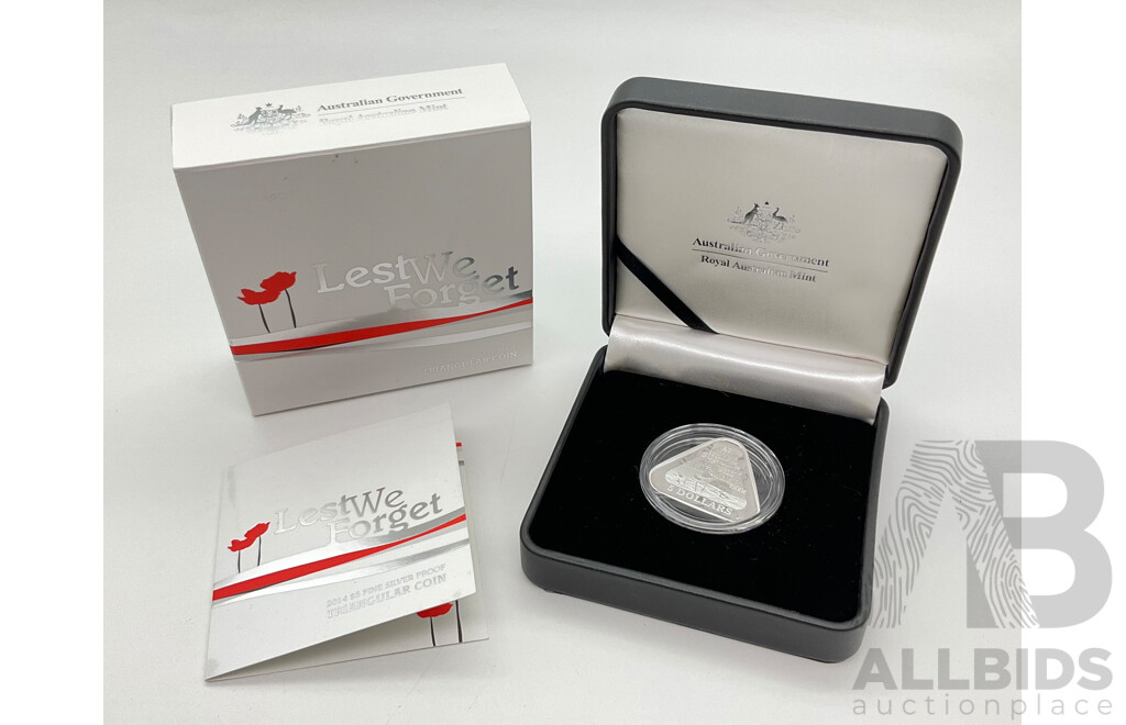 Australian RAM 2014 Five Dollar Triangular Silver Coin, Lest We Forget .999