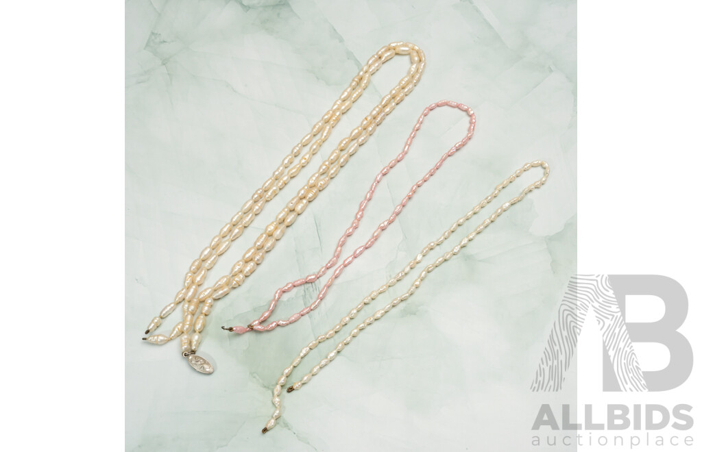 Beautiful Cultured Rice Pearl Strands for Restringing, Four Strands and One Sterling Silver Pearl Clasp