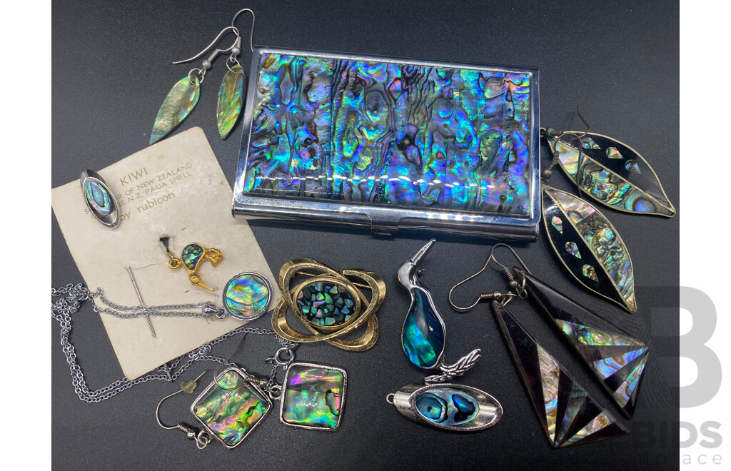 Silver Plated Paua Shell Business Card Holder - New (ORRP$98) with a Collection of Other Paua Shell Vintage Jewellery Items
