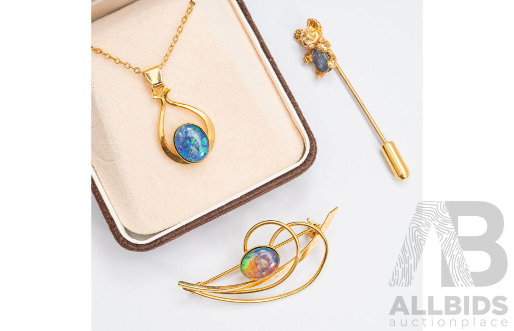 Opal Triplet Pendant & Brooch in Gold Plated Sterling Silver, as New, with Opal Triplet Koala Pin