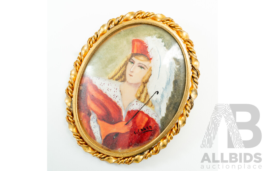 Vintage French Handpainted Oval Portrait Brooch, 58mm, Signed
