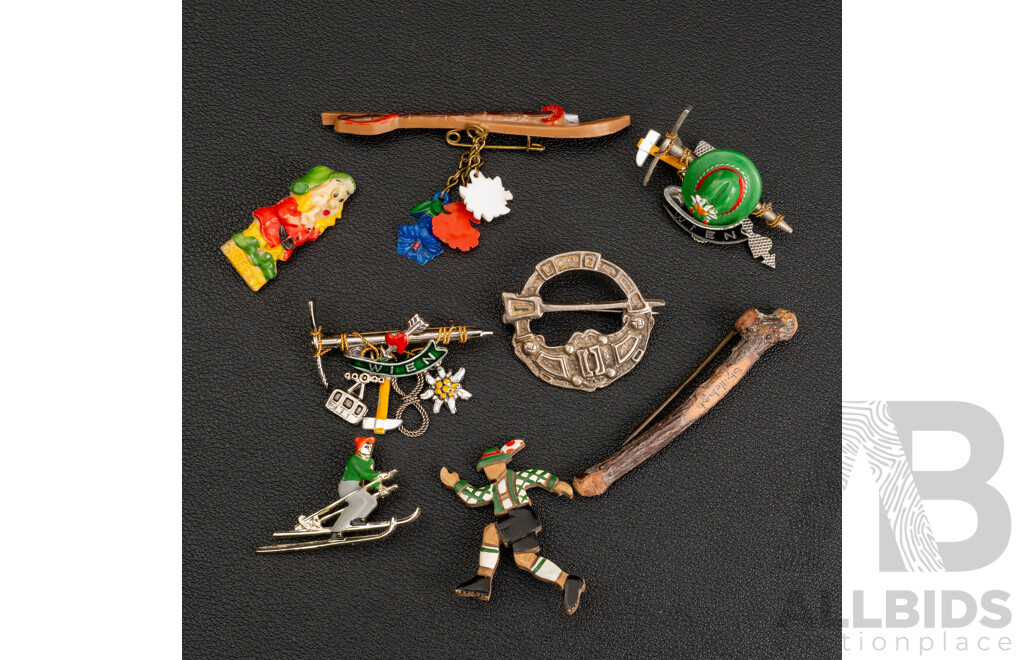 Collection of (8) Interesting Vintage Travel Brooches Including From Wien Austria
